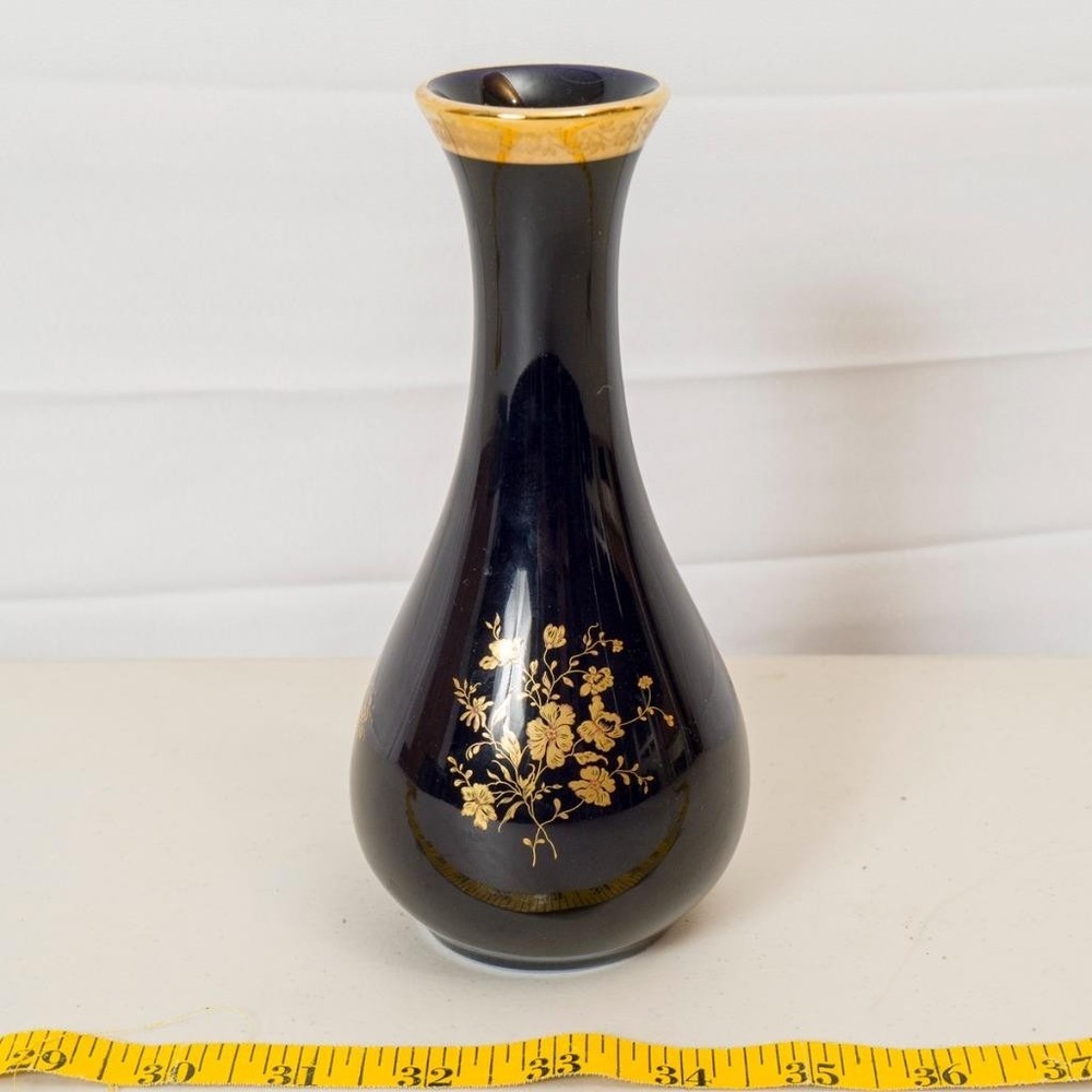 Limoges France Castel Cobalt Blue Gold Floral Porcelain Bud Vase 7 inch
